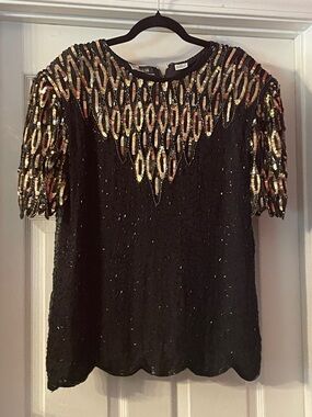 Black Sequin Embellished Short Sleeve Blouse